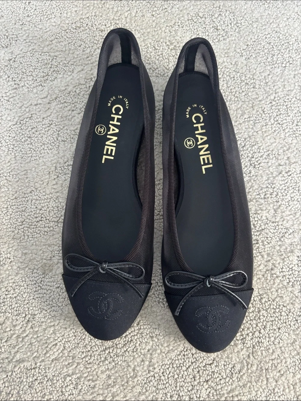 CHANEL Black Nylon Ballet Flats with Bow and CC Toe